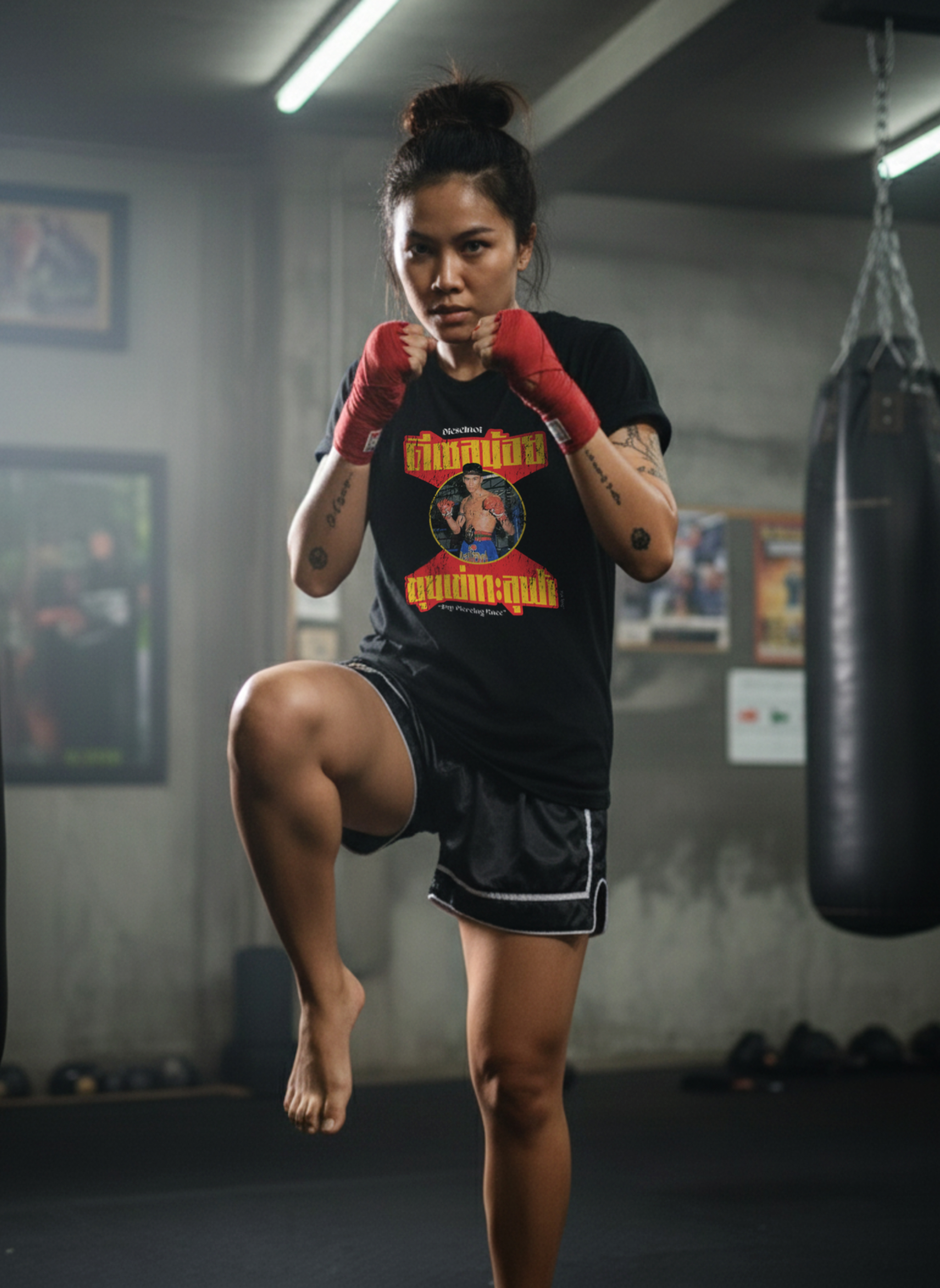 Woman in a gym wearing Muay Thai wraps and a t-shirt with a graphic design, preparing to kick a punching bag.