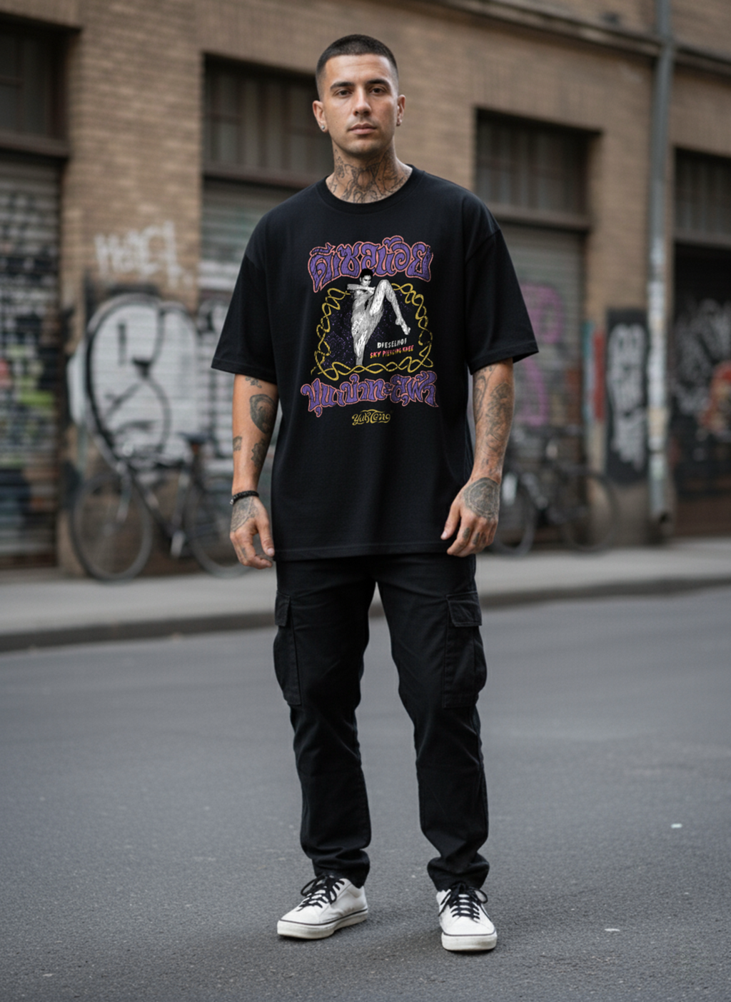 Man wearing a black graphic t-shirt and black pants standing on a street with graffiti in the background