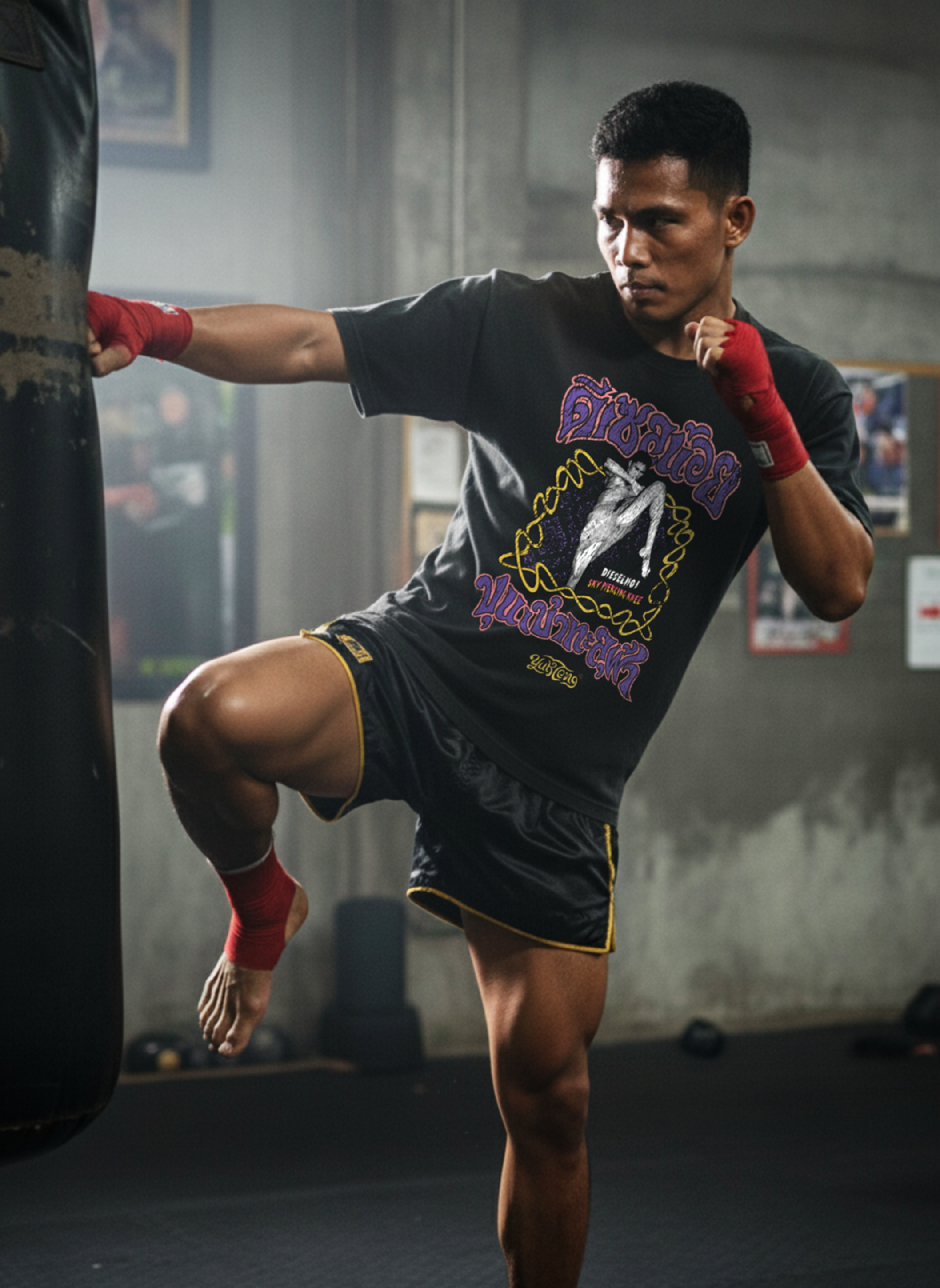Person practicing Muay Thai in a gym setting